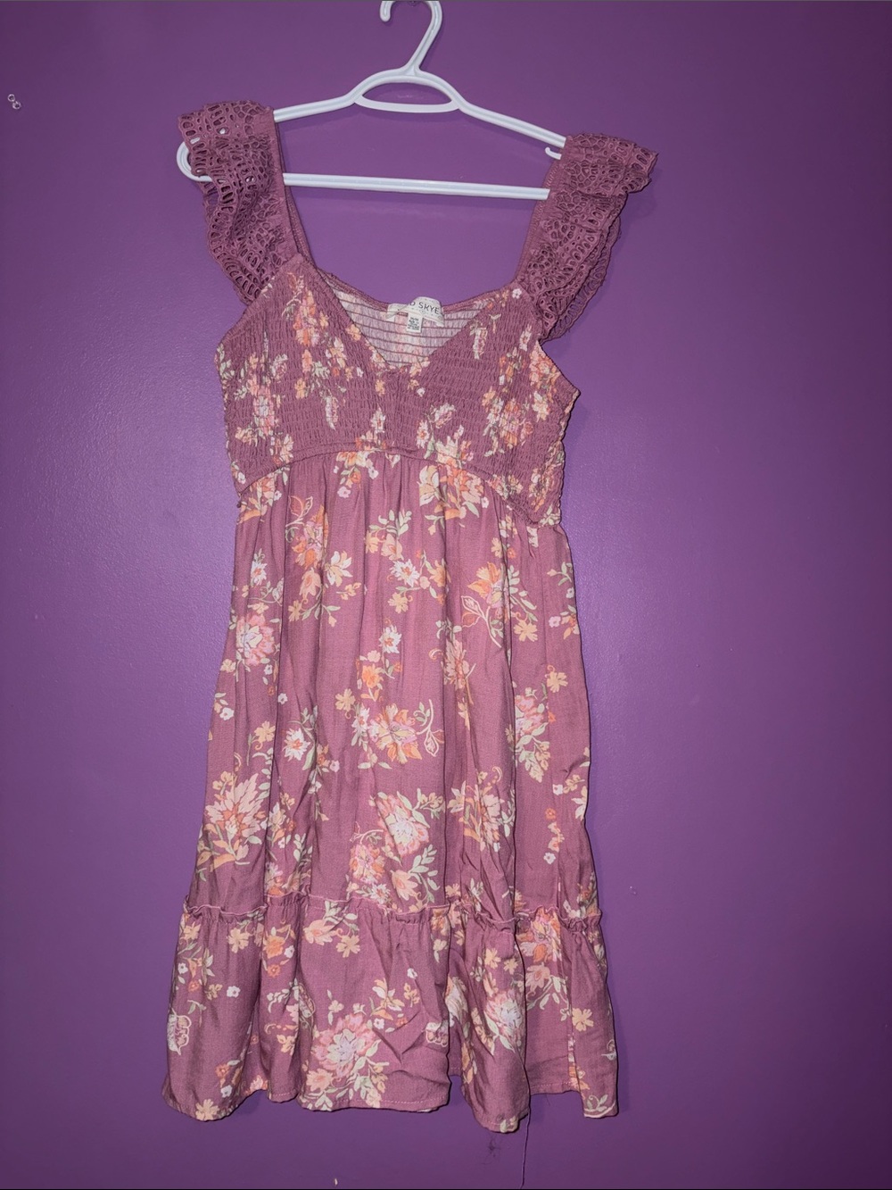 Smocked Floral Sundress with Lace Straps - Mauve